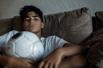 Young boy relaxing on a sofa holding a soccer ball, showing a calm and pensive expression.