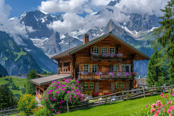 Wall Mural - A large wooden house with a balcony overlooking a snowy mountain.