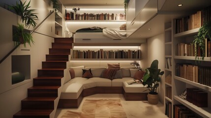 Fototapete - Describe innovative ways to use underutilized areas like under stairs or loft spaces in small homes.