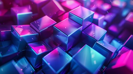 Poster - 3D rendering of a pile of randomly sized cubes with a pink to blue gradient.