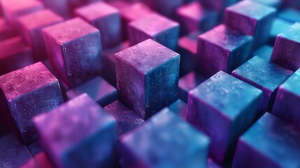 Poster - 3D rendering of a pile of randomly sized cubes with a pink to blue gradient.