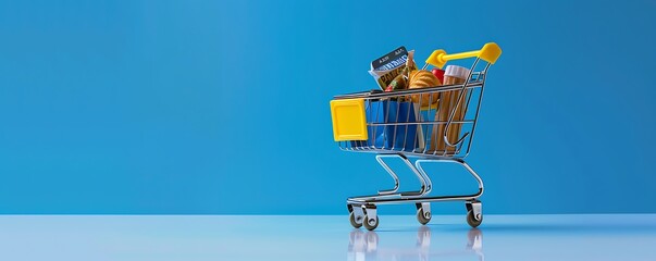 Realistic photo of a small shopping cart filled with items, blue backdrop, perfect for banner with copy space.