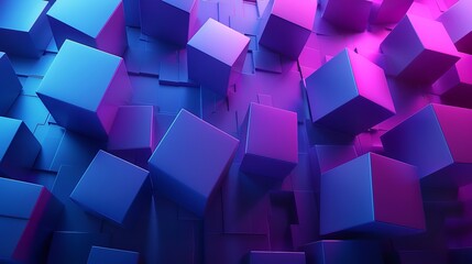 Poster - 3D rendering of a pile of randomly sized cubes with a pink to blue gradient.