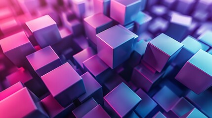 Poster - 3D rendering of a pile of randomly sized cubes with a pink to blue gradient.