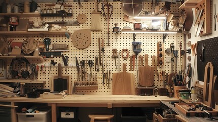 Poster - Describe the use of pegboards and hooks for flexible and accessible storage in craft rooms or workshops
