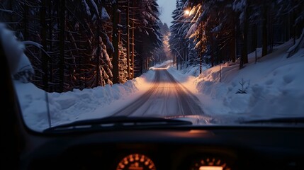 Driving on snow road in forest at night