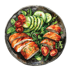 Delicious and healthy grilled chicken salad with fresh tomatoes, cucumbers, and mixed greens. Perfect for a light lunch or dinner. Watercolor illustration.