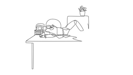 Poster - Animation of a continuous one line drawing robot fell asleep on the table with a pillow from a pile of papers. Advanced code program. Getting smarter about light sensors. Full length motion