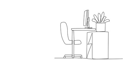 Poster - Animated self drawing of continuous one line drawing robot bowed while holding his hand on his work chair. Stretching. Training all muscles after the repair process. Technology. Full length animation