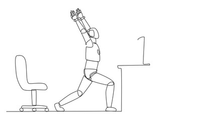 Poster - Animation of continuous one line drawing robot stands with both hands raised and legs stretched. Robots increase the level of flexibility. Artificial intelligence. AI. Full length motion
