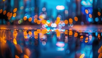 Wall Mural - Abstract Blur of City Lights on a Dark Background with Blue and Orange Bokeh