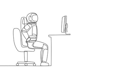 Poster - Self drawing animation of continuous one line drawing astronaut sitting in a work chair with hands holding his waist. Stretching waist. Nervousness makes it feel stiff. Spaceman. Full length animated