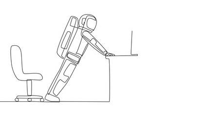 Poster - Animated self drawing of continuous one line drawing astronaut do push up movements by holding edge of work table. Muscle training to stay fit. Preparing for a space expedition. Full length animation