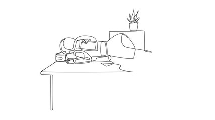 Poster - animation of single continuous line drawing astronaut fell asleep on table with pillow from a pile o