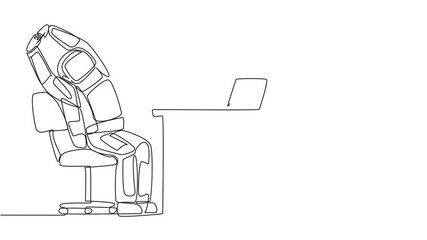 Poster - Self drawing animation of single continuous line drawing astronaut sitting in work chair while raising both hands.  Squirming. Space expedition report is ready to be completed. Full length animated