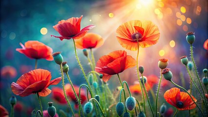 Wall Mural - Vibrant poppy flowers blooming in ethereal light, showcasing the beauty of nature, poppy, flowers, bloom, vibrant, ethereal, light