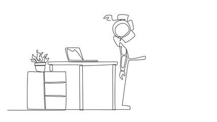 Poster - Animation of a single one line drawing astronaut standing while raising one hand and tilting body. Stretching. It is very ready to carry out a space expedition. Cosmonaut. Full length motion