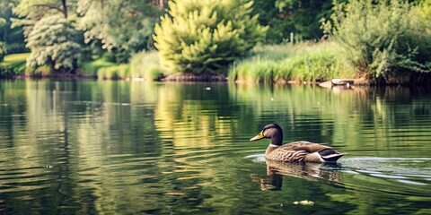 Sticker - Duck swimming peacefully in a tranquil lake surrounded by lush greenery, bird, wildlife, nature, feathers, waterfowl, pond