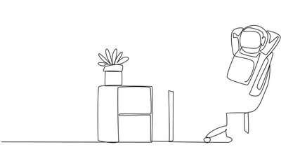Poster - Animation of continuous one line drawing astronaut sits in a work chair with his hands behind his head and his legs raised on the work desk. Relaxing. Take a break from routine. Full length motion