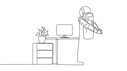 Poster - Animation of a single one line drawing astronaut standing with his hands behind his back. Stretching. Light exercise to prepare for overtime work making expedition reports. Full length motion