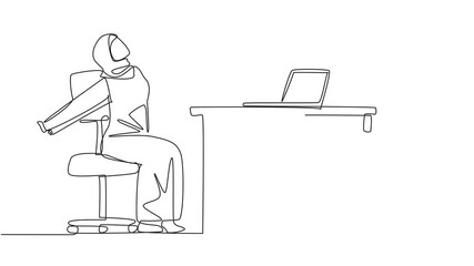 Poster - Self drawing animation of single one line drawing Arab woman sitting in work chair stretching arms behind back. Stretch the body. Avoid feeling stiff. Overtime on weekend. Full length animated
