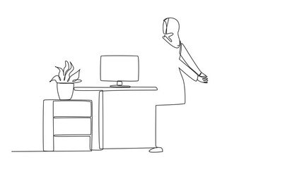 Wall Mural - Animation of single continuous line drawing Arabian woman stands with her hands behind her back. Stretching while reviewing the many reports that have been received. Overtime. Full length motion