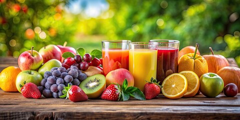 Poster - Fresh and vibrant fruits and juice on a rustic wooden table , healthy, organic, natural, colorful, tropical