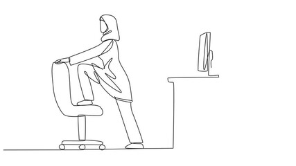 Poster - Animation of continuous one line drawing Arabian woman stands while lifting one of her legs onto a chair. Stretching. Avoid leg cramps. Exercise at the office. Overtime. Single line self drawing