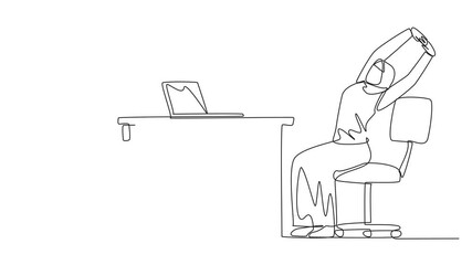 Poster - Animated self drawing of single continuous line drawing Arab woman sitting in work chair while raising both hands. Squirming. Complete reports on time. Overtime on weekend. Full length animation