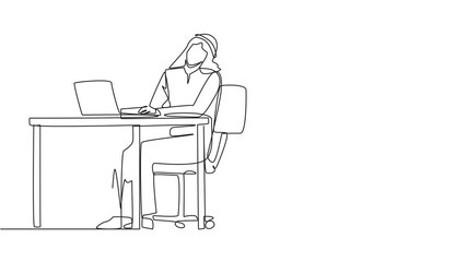 Poster - self drawing animation of continuous one line drawing arab man sitting in work chair typing on a lap