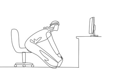 Poster - animated self drawing of single one line drawing arabian man sitting in work chair with legs straigh