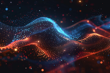 3d rendering of abstract particles wave with depth of field and bokeh in dark background