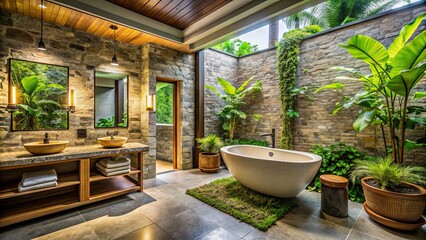 Canvas Print - Luxurious bathroom in a Balinese villa with stone walls, wooden accents, and lush greenery , Bali, villa, bathroom, luxury