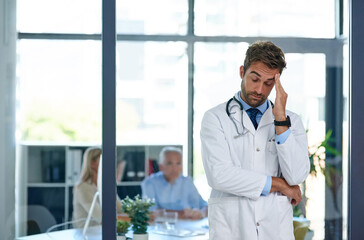 Aufkleber - Hospital, doctor and man with stress, anxiety and worry for medical career, job and consulting with patients. Professional, healthcare and person with pain for overworked, burnout and frustrated