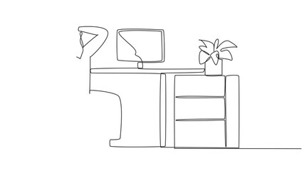 Poster - Animated self drawing of continuous one line drawing Arab man sitting in chair with hands holding back of head. Off cam. Stretch neck during online meetings. Listen seriously. Full length animation