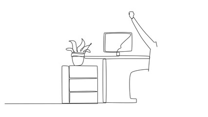 Poster - self drawing animation of single one line drawing arab man sit on chair opening and raising hands. s