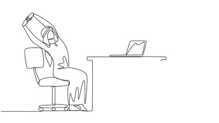 Poster - animated self drawing of single one line drawing arabian man sitting in work chair while raising bot