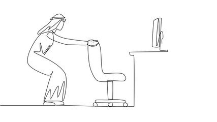 Wall Mural - Self drawing animation of single one line drawing Arab man stands with a slight bend and both hands hold the top of chair. Stretch for a moment to get rid of sleepiness. Overtime. Full length animated