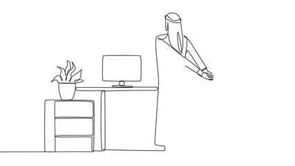 Poster - Animation of single one line drawing Arabian man standing with his hands behind his back. Stretching. Restore focus with light exercise. Overtime on the weekend. Hectic. Full length motion
