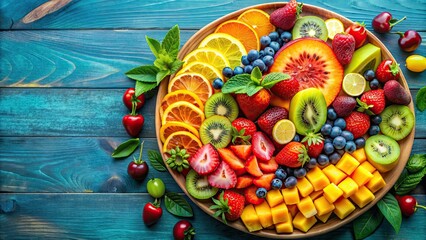 Wall Mural - Vibrant and colorful fruit platter arrangement , fruit, citrus, kiwi, strawberry, healthy, vibrant, colorful, fresh