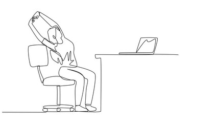 Poster - animation of continuous one line drawing woman sitting in a work chair while raising both hands. ten