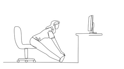 Poster - self drawing animation of single continuous line drawing woman sitting in work chair with legs strai