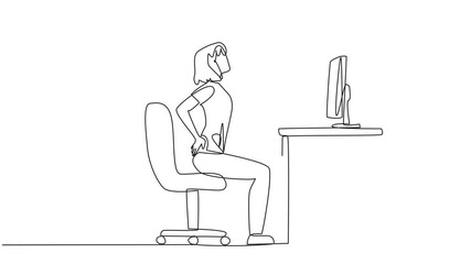 Poster - animated self drawing single one line drawing woman sitting in work chair with hands holding her wai