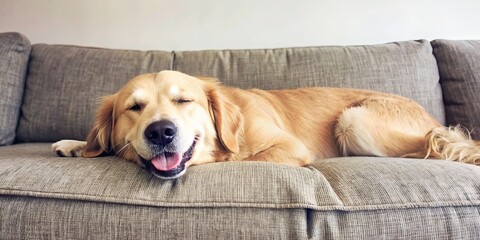 Poster - Dog happily napping on cozy couch, dog, sleeping, pet, home, comfortable, cozy, relaxation, resting, domestic, furry