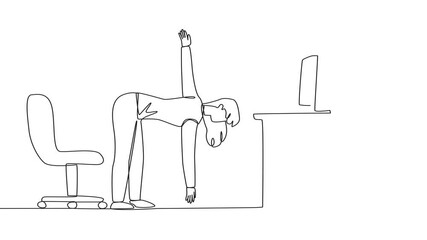 Poster - self drawing animation of continuous one line drawing woman stands with one hand raised and the othe