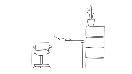 Poster - animated self drawing of single one line drawing woman sitting cross-legged on a work desk. doing yo