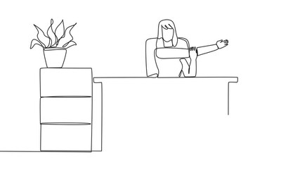 Poster - self drawing animation of single continuous line drawing woman sitting in work chair with arms cross