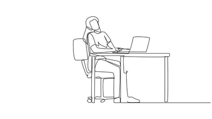 Poster - self drawing animation of single continuous line drawing woman sitting in work chair typing on a lap