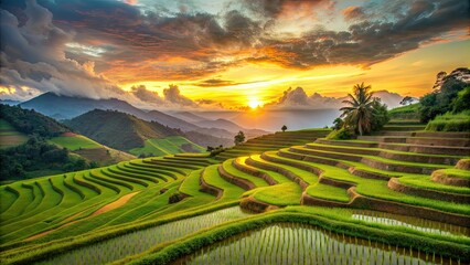 Canvas Print - Terraced paddy fields at sunset in perfect harmony with nature, agriculture, rice, terraces, farming, landscape, Asia, rural