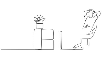 Poster - animation of a continuous one line drawing man sits in a work chair with his hands behind his head a